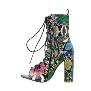 Lib Peep Toe Lace Up Gladiator Snake Print Chunky Heel Ankle Boot Multi Color 38